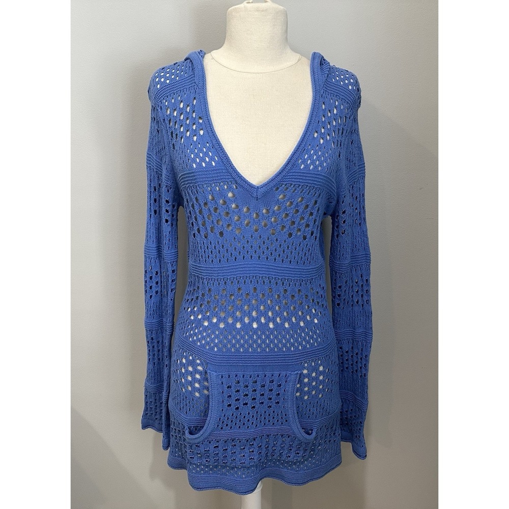 Venus Crochet Knit Sweater Beach Cover Up Womens Medium Blue Boho Hippie Pockets